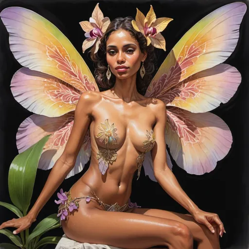 Prompt: gouache watercolor, a full body bare breasted Cuban woman with beautiful eyes with large fairy wings made of Anatase, she is feeling pleasure, she is sitting on a detailed zygopetalum orchid, intricate detailed linework, intricate eye details, beautiful colors, high quality, detailed wings, elegant, intricate linework, vibrant colors, inviting pose, professional, atmospheric lighting