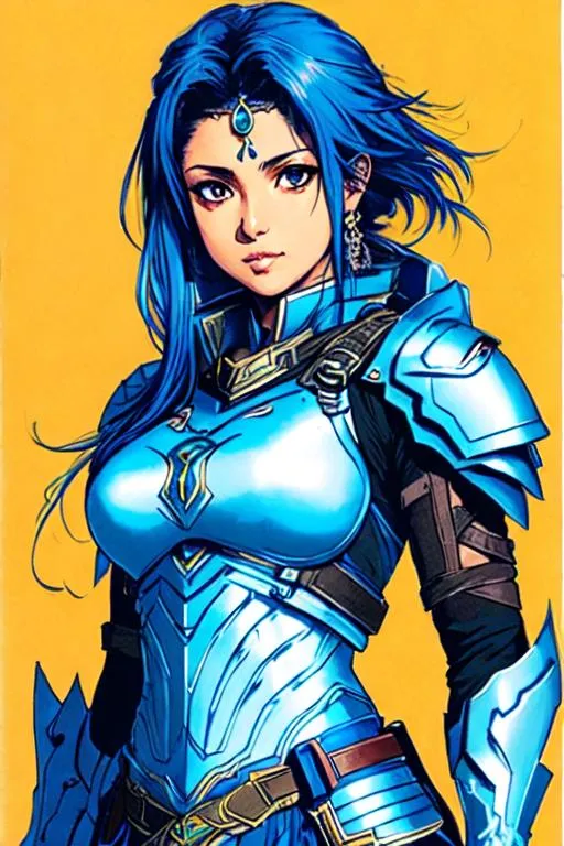 Prompt: Shining Force Concept art (((Yoji Shinkawa))), sticker of ultra detailed portrait of Sadaf Mohammed Sayed  (Indian actress who mainly appears in Telugu, Tamil, and Kannada films)in blue athena armor, blue hair, high quality cell shaded illustration in post apocalyptic style by Yoji Shinkawa, ((full body portrait)), dynamic pose, perfect anatomy, centered, freedom, soul, blue long hair, approach to perfection, cell shading, 4k , cinematic dramatic atmosphere, watercolor painting, global illumination, detailed and intricate environment, artstation, concept art, fluid and sharp focus, volumetric lighting, cinematic lighting, Art by Yoji Shinkawa,