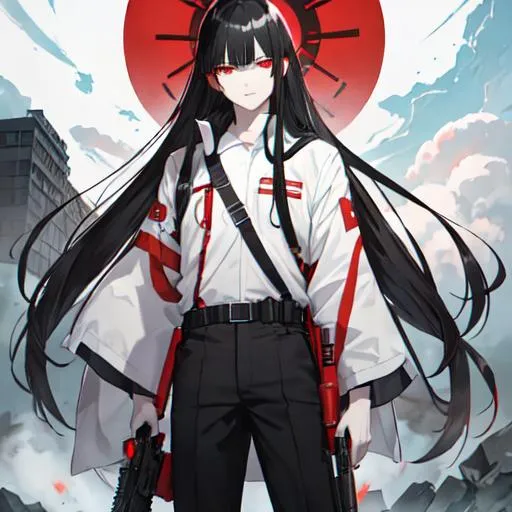 Prompt: 1male (pale) (long black hair) (red eyes) holding a gun, nuclear fallout