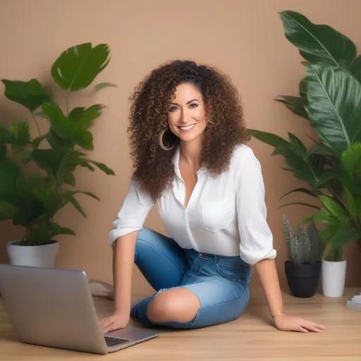 Prompt: An attractive 35 year old woman with very curly hair, elegant, large eyes, modern, stylish makeup, full body view, white tshirt and blue jeans, happy, smiling, (erotic), posing, computer table, plants, studio background