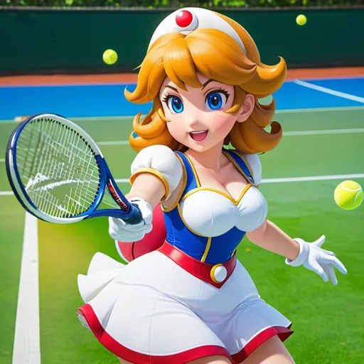 Prompt: day, tennis court background, female, Princess Daisy, super mario, anime style, solo focus, curvy figure, looking at viewer, dynamic position