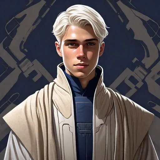 Prompt: 20 year old, young, Detailed art, Handsome young man with short clean white hair, short back hair, well groomed, combed over hair,  dark blue tunic vest, shoulder pad, brown overcoat with flowing robes, high collar, straight lines, neat, minimal, Star Wars character art, detailed textured fabric. Cloth neck gaiter, robes, tight white hair, holster, belt, rich, well dressed, fancy clothes, blaster pistol, pistol, Star Wars 
