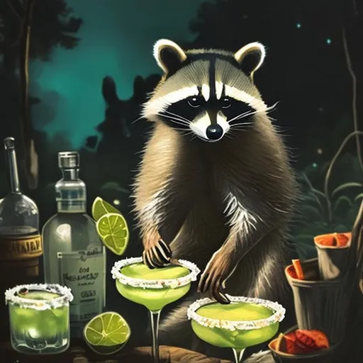 Prompt: Racoon having a margarita party in the dark smiling