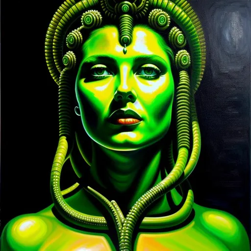 Prompt: Oil painting in the style of H.R. Giger, green skin medusa, Highly detailed, HDR, UHD, 64K, trending on artstation