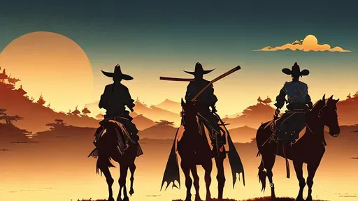 Prompt: Contre-jour cowboys in a samurai movie style, artistic, anime, alpen lighting, sunset scene 