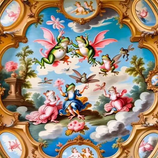 Prompt: A large rococo style ceiling fresco but all the people are frogs. The realistic frogs are dressed in flowing fabrics and some have angel wings. The frogs are green. The frogs have ancient Greek clothes. The frogs are small and there are many of them.  The frogs talk amongst themselves, play music, look at other frogs on the other side of the painting. It has beautiful blue and pink hues that make it feel dreamy and warm. The sky is blue the clouds are pink. The camera is pointing straight up at the ceiling with the fresco taking up the space in the photo 