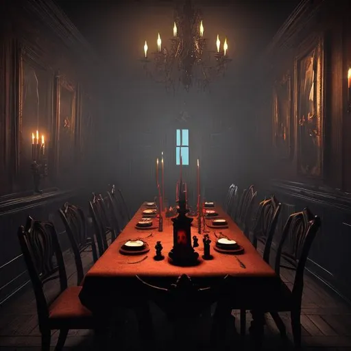 Prompt: ((dark, frightening, foreboding)), a candle lit dining room with a terrifying atmosphere demon sits on the other end of a long table  watching the viewer intently, 4k.