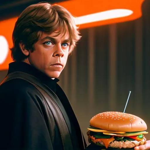 Prompt: A high quality movie still of Return of the Jedi Luke Skywalker eats a large delicious cheeseburger, black jedi outfit, Mark Hamill, ultra realistic ultra-high definition skin, dramatic red and green lighting, accurate face,