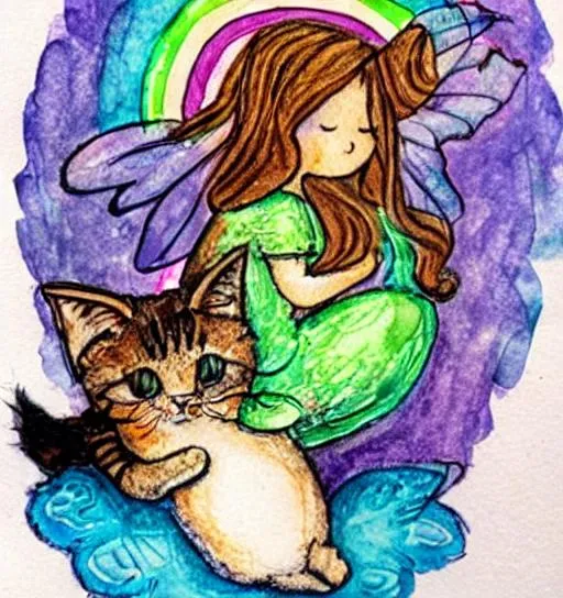 Prompt: Fairy sitting on a cat looking at a rainbow

