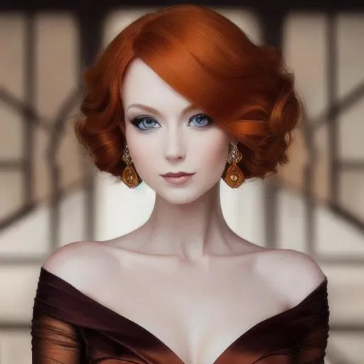 Prompt: Elegant lady with ginger hair and amber eyes