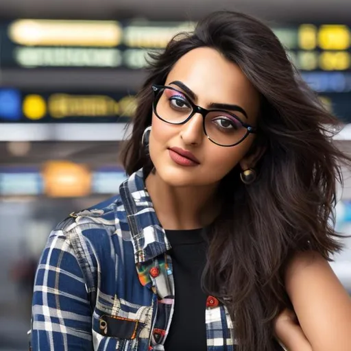 Prompt: At the airport waiting with the suitcase .  Full body. Potrait 
 extremely beautiful girl with cute glasses with black frame, wearing black  shirt blue jeans , body type skinny. . Sonakshi Sinha . . side glance .Rendered in 8K resolution 