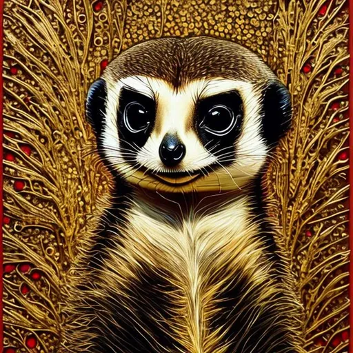 Prompt: Meerkat, black, gold, bright red, art