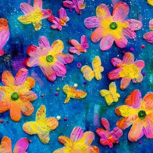 Prompt: Mixed media Field of cosmo flowers paint with butterflies 
