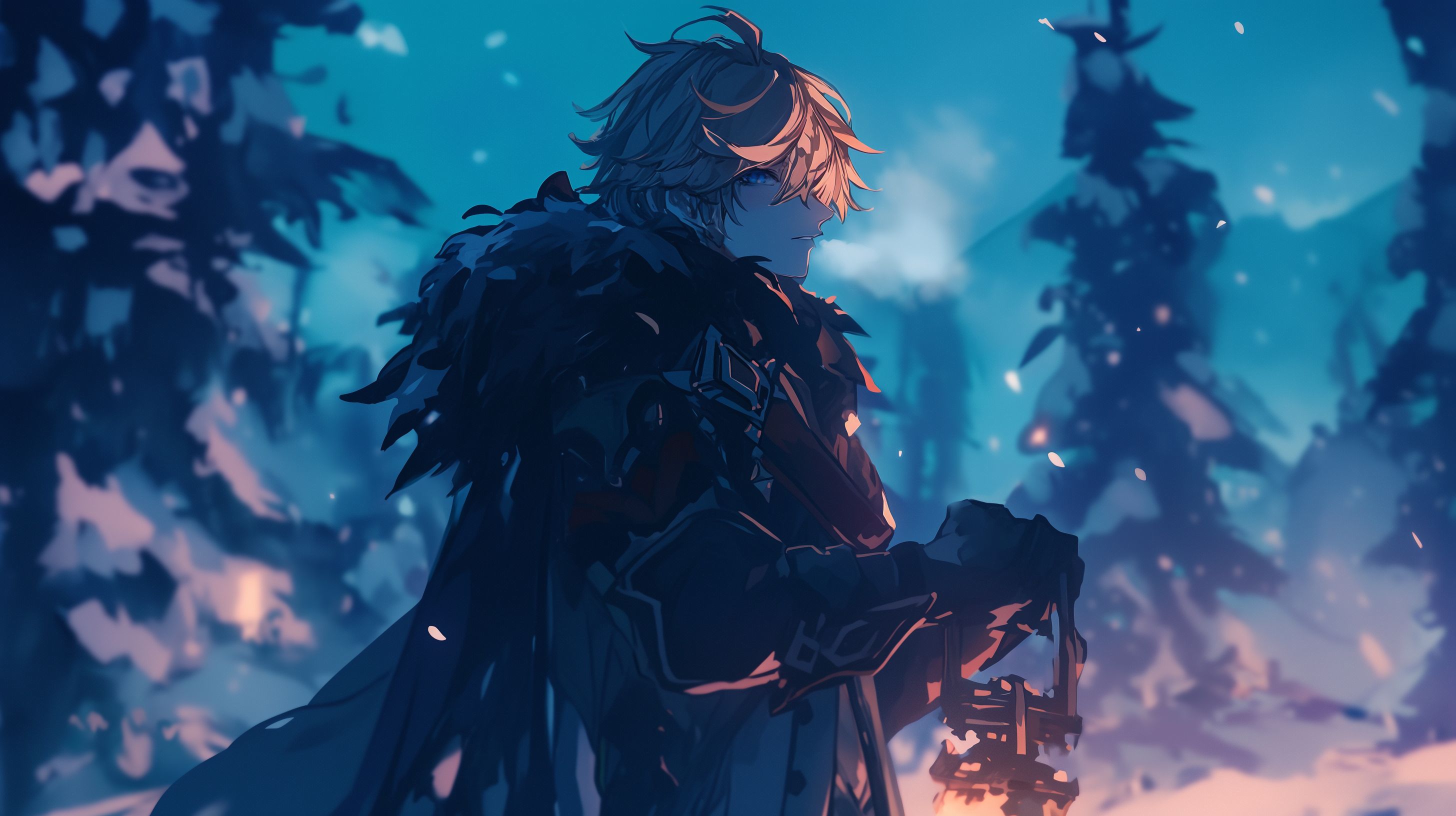 Prompt: tartaglia from genshin impact, in a dark forest with wide trunks, fur and pine trees only, very dark, you can see him and the lantern beam emiting from the lantern he is hold, he is looking for you, you are lost, blizzard, dark, --ar 16:9 --niji 6