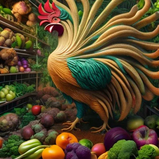 Prompt: Render of a rooster made out of vegetables, intricate, detailed, Tim burton, weirdcore, colorful, cinematic framing, diffuse lighting, ray tracing