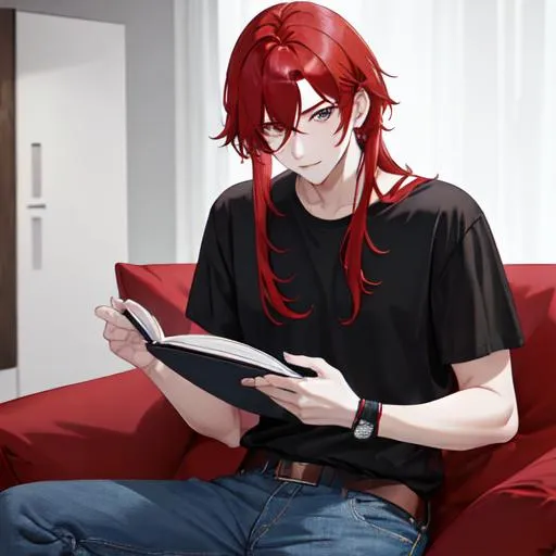 Prompt: Zerif 1male (Red side-swept hair covering his right eye) looking through a photo album, wearing a black shirt, wearing denim pants, UHD, 8K, highly detailed