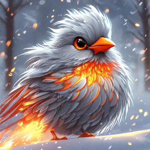 Prompt: cute flaming bird, flying, soaring, silver colours, snow background, snowing, sparkling eyes, embers in eyes, shining eyes, sharp features, big flowing fiery feathers, sunrise background, highly detailed, digital painting, artstation, concept art, smooth, sharp focus, beautiful feathers, expressive eyes, illustration, art by Artgerm and greg rutkowski and alphonse mucha