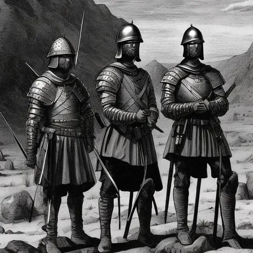 Prompt: Medieval soldiers with speaks in a desert