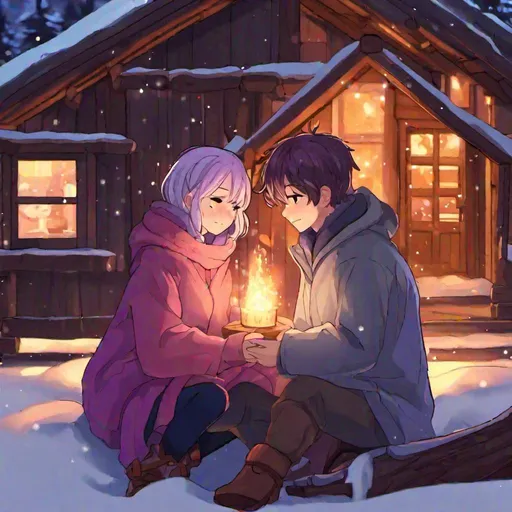 Prompt: there's nothing in this world that can express how much i love you, glow, love, hearts, anime boy(with brown hair) and girl(with short purple hair) couple inside a log cabin snuggled up together in front of a log fire trying to keep warm, wrapped in blankets with hot coco besides them, white, silvery snow outside 