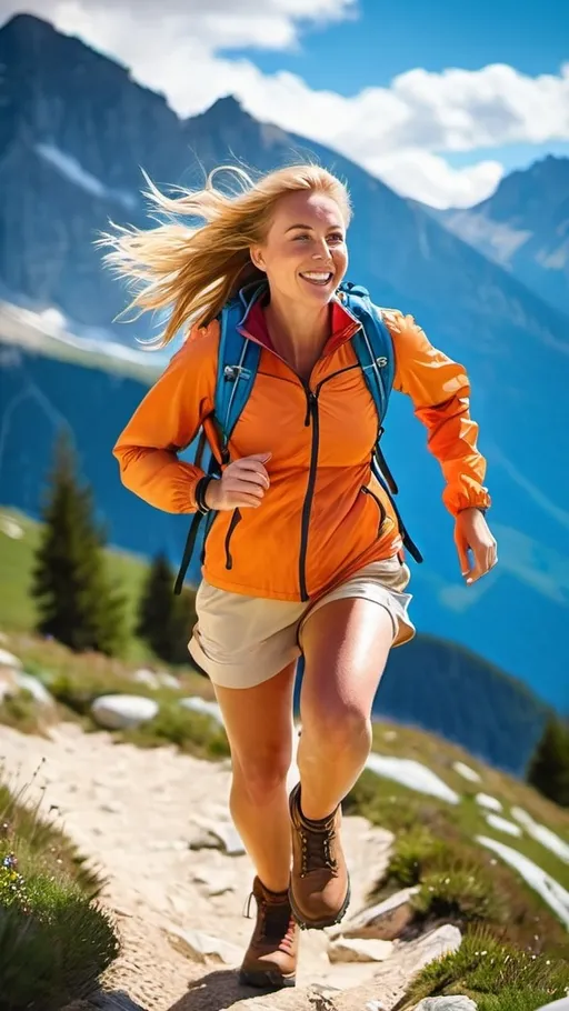 Prompt: Athletic young woman hiking on an Alpine mountain trail, spectacular scenery in the background, bright colored windbreaker, white shirt, khaki shorts, brown leather boots, orange backpack, red cap, windswept blonde hair, blue eyes, pretty round face, curvaceous figure, long fit legs, sunny day, high-res, pro photo, magazine quality photo, dynamic pose, fluid motion, active scene, suntanned Caucasian woman