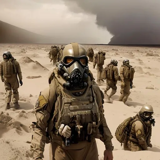 Prompt: scifi, military convoy, navy seals, hazmat masks, army, armor, sand storm, high winds, hard lightning, lava rivers, tornado