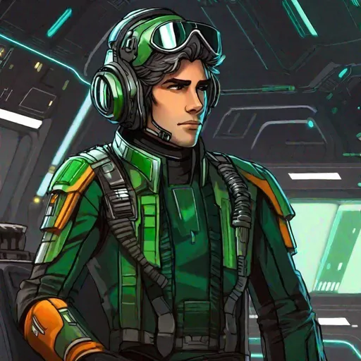 Prompt: A male scifi pilot. He has green hairs. Pilot uniform. Handsome. well draw face. detailed. star wars art. 2d art. 2d