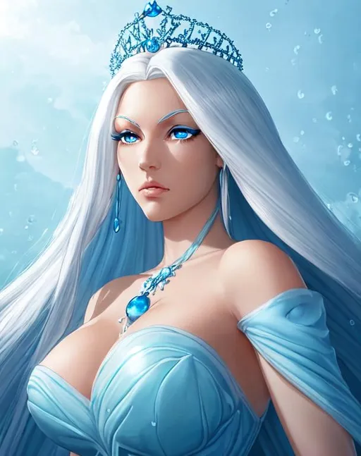 Prompt: A beautiful 15 foot tall queen with light skin and a pretty face. She has long white hair and white eyebrows. She wears a beautiful ocean blue dress. She has ocean blue eyes with an blue under glow and water droplet shaped pupils. She wears a blue tiara. She is looking down above you with a divine presence. Beautiful action scene art.