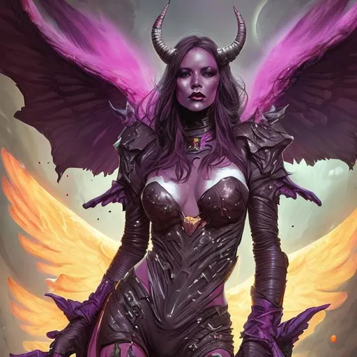 Prompt: space demoness with wings, color, gauntlets and boots, pretty face, dark hair, Dariusz Zawadzki