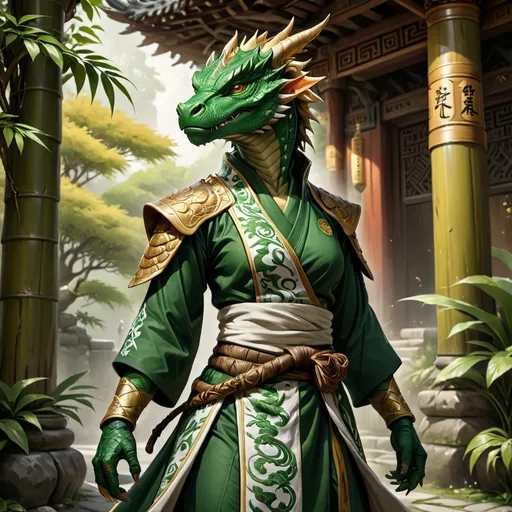 Prompt: Fierce female dragonborn monk, slim athletic build, clad in traditional monk robes adorned with intricate patterns, exuding strength and grace, deep emerald scales gleaming in the warm sunlight, intense focused expression, surrounded by a serene temple environment with soft bamboo trees, high-resolution, ultra-detailed, mystical ambiance capturing the spirit of discipline and tranquility.