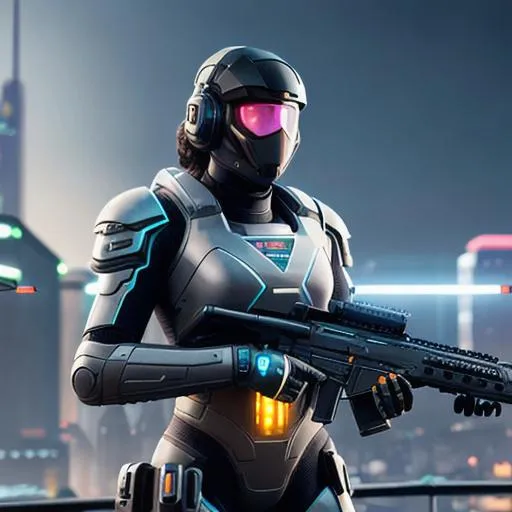 Prompt: hard surface futuristic exoskeletal  armour shooting a high tech assulat rifle, concept art sci fi style art, in futuristic city background, .obj file, high quality render, rendered in Unreal Engine 5 ultrarealistic 
