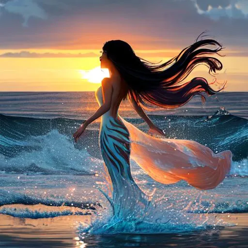 Prompt: As the sun sets over the horizon, you catch a glimpse of a beautiful being emerging from the depths of the ocean. With a graceful flick of her long, shimmering tail, she glides through the water effortlessly, leaving a trail of sparkling magic in her wake. Her hair, flowing with the current, appears to be made of seaweed and coral, and her skin is like glistening pearls. Her eyes glow with an otherworldly blue light, and as she sings a hauntingly beautiful melody, you can feel the magic of the ocean around you. What is this enchanting creature, and what secrets does she hold?