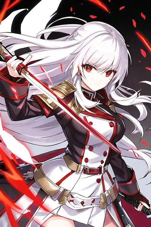 a red-eyed white-haired beauty wielding a sword in a... | OpenArt