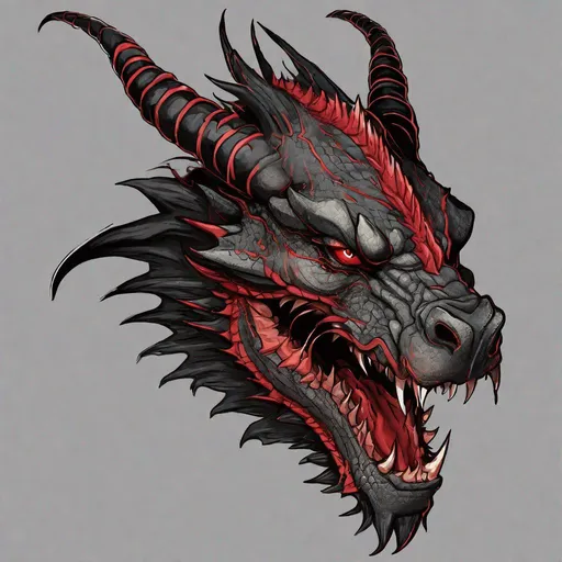 Prompt: Concept designs of a dragon. Dragon head portrait. Coloring in the dragon is predominantly black with deep red streaks and details present.