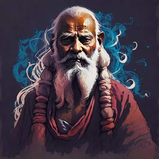 Prompt: indian old sadhu, portrait, pastel, long white hairs and beard, illustrated, graphic art, spiritual journey, Meditation.

