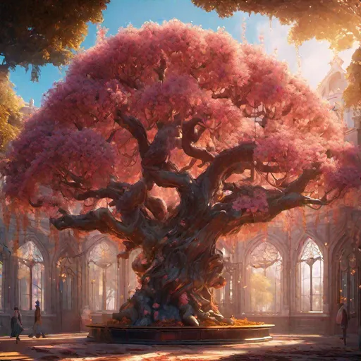 Prompt: beautifully detailed, magic academy built around a tree, crimson cascade weeping peach tree, large glass windows, golden amber filigree, concept art, epic lighting, finely-tuned, octane rendering