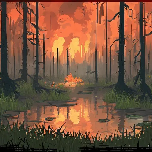 Prompt: Create a video game landscape of a dumpster fire in a swamp