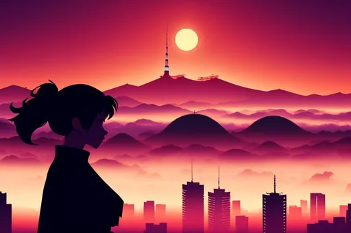 Prompt: Multiple layers of silhouette {Tokyo city}, with silhouette of {Sailor Moon's Moon}, sharp edges, at starry dawn, with fog in air, vector style, horizon silhouette Landscape wallpaper by Alena Aenami, firewatch game style, vector style background