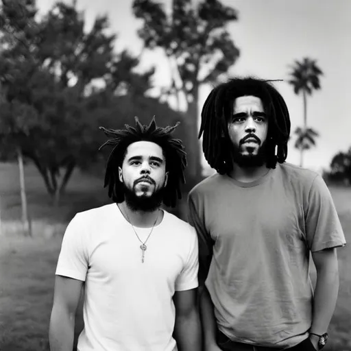 Prompt: Side by side angle of J cole standing with Bob Marley posing