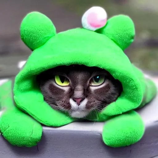 Prompt: A Kawaii uwu cat wearing a green frog suit