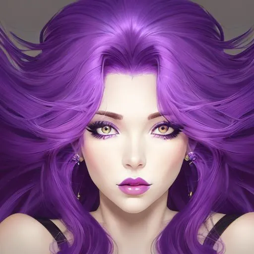 Prompt: Beautiful woman portrait big purple hair, eyes and lips, facial closeup
