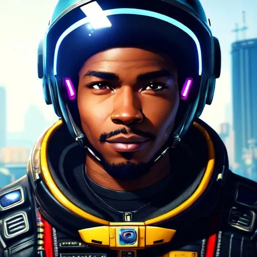 Prompt: Black male Space Mechanic - facial tattoo -  wearing mechanic suit - wearing space helmet - cyberpunk mechanic, garage and mechanic tools, | hyper realistic profile photo, looking at camera, 8k, ultra HD | by makoto shinkai, ilya kuvshinov, lois van baarle, ross draws, basquiat | in the style of Cyberpunk 2077 dark color theme