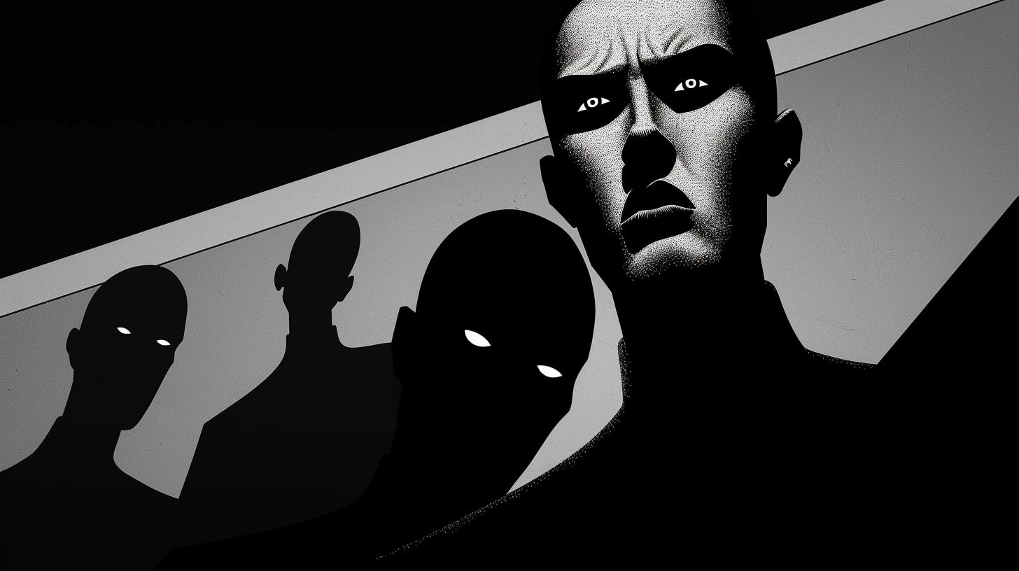 Prompt: Three-dimensional figures emerge in a realistic and moody noir comic style. Dramatic diagonals dominate the composition, with noticeable contemporary Chicano elements. The layout partially follows a grid pattern, and the shading is expertly done to emphasize depth. The entities have a more pronounced twisted and surreal appearance