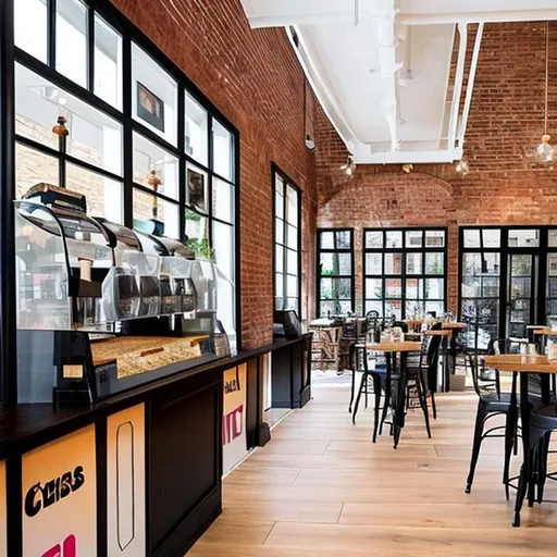 Prompt: create a perspective drawing that reveal entire facility of a 20 of square tables of charity coffee shop with pastries display on top of the till, the coffee machine is automatic one, the room is bright and modern design among the traditional brick hall of UK.