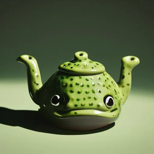 Prompt: frog-teapot, green teapot shaped like frog, glazed ceramic, tilt shift, very beautiful, global illumination, intricate linework, short spout, 8k, food photography, octane rende