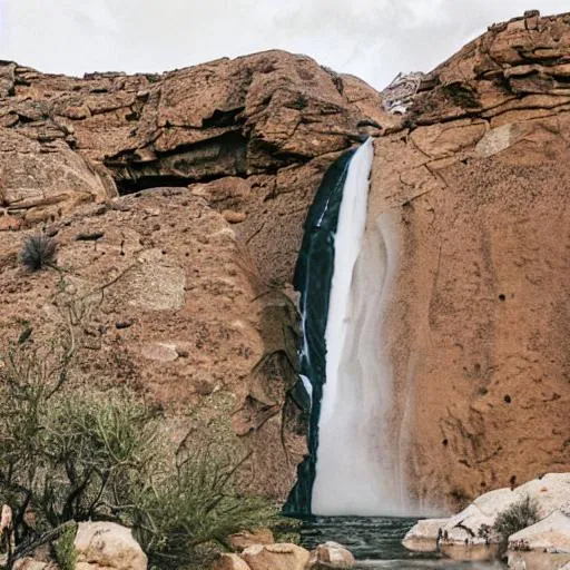 Prompt: 
a waterfalls from huge rock in the desert huging on a rope