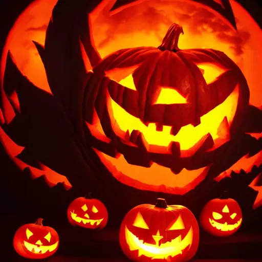 Prompt: Giant jack-o'-lantern, cute bat, Halloween night