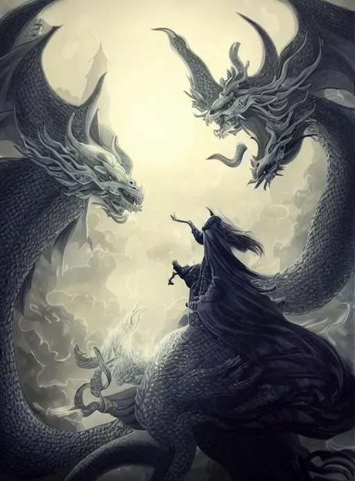 Prompt: backlit chinese white dragon and a man in a black coat in a misty asian fantasy town. trees and tall buildings. the dragon looks blue but his mane is glowing white. the man has a cowlick in his hair.
dude openArt you forgot the dragon! you also forgot the town and the radiant warm colors. also the dragon's mane glows white.