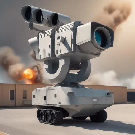 Prompt: a very large security camera with two rocket launchers on the sides; blasting, fighting, explosions