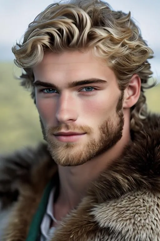 Prompt: Long-shot photo of a ruggedly handsome 20-year-old with blonde hair and a hairy chest wearing while holding an  short wavy hair, a short scruffy beard, very detailed eyes, centered in the frame, 85mm lens, f8, photography, intricate details, very detailed eyes, correct perspective, natural light, castle in background, riding dragon in air 