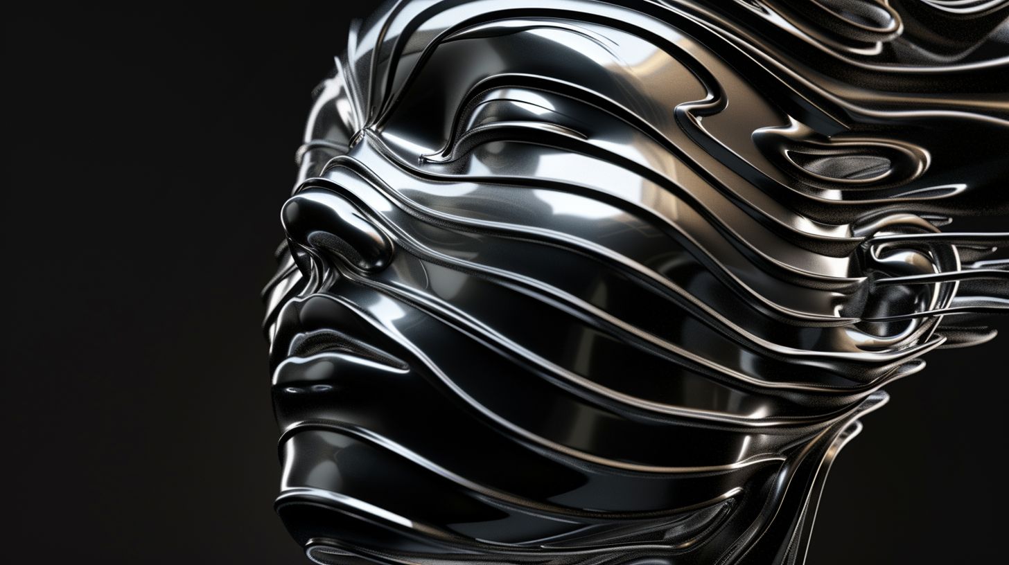 Prompt: Close-up of a female head with flowing, striped hair, rendered in the style of abstraction-création. The hair is made of smooth, liquid metal, reminiscent of the works of Zaha Hadid. Render in stunning 8k 3D detail, with a focus on the figura serpentinata form.